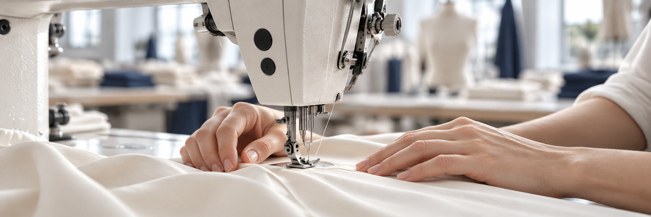 AI-generated illustration of skilled hands guiding ivory fabric through an industrial sewing machine