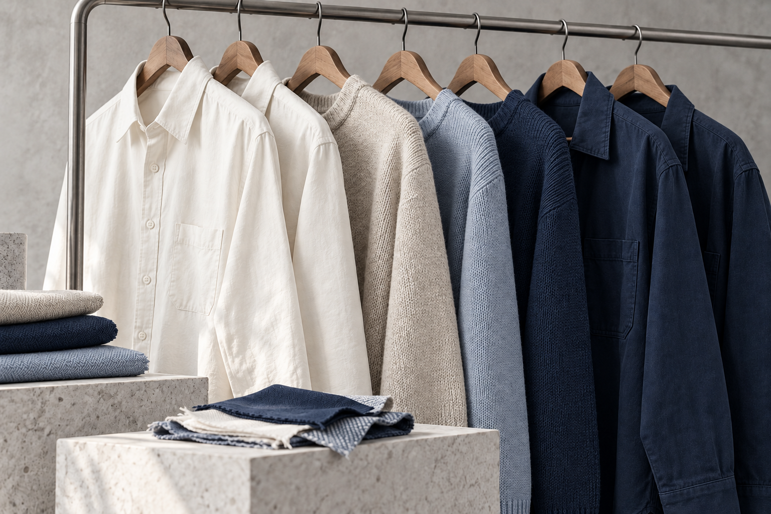 Illustrative collection of cream and blue shirts, knitwear and fabric swatches